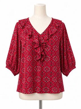 Liz Claiborne Red Printed Ruffle V-Neck 3/4 Sleeve Workwear‎ Top Size 3X